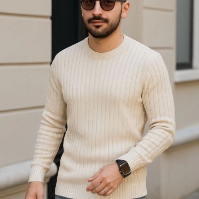 Erkek Bisiklet Yaka Triko Kazak Pamuklu Kalın Fitilli Dokuma Regular Fit - Bej