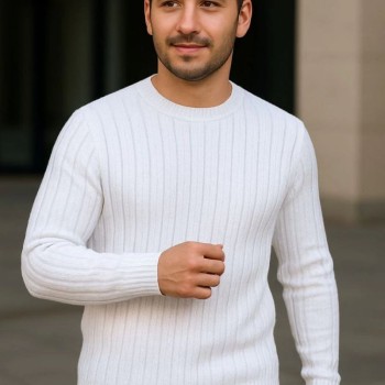 Erkek Bisiklet Yaka Triko Kazak Pamuklu Kalın Fitilli Dokuma Regular Fit - Beyaz
