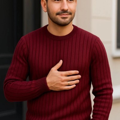 Erkek Bisiklet Yaka Triko Kazak Pamuklu Kalın Fitilli Dokuma Regular Fit - Bordo