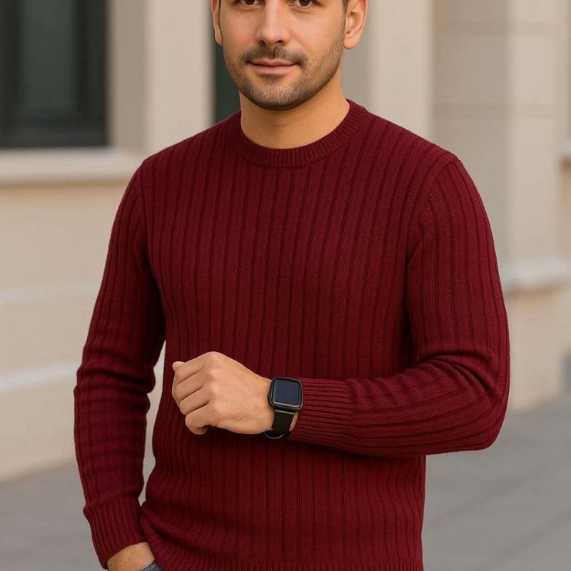 Erkek Bisiklet Yaka Triko Kazak Pamuklu Kalın Fitilli Dokuma Regular Fit - Bordo
