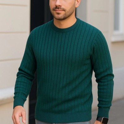 Erkek Bisiklet Yaka Triko Kazak Pamuklu Kalın Fitilli Dokuma Regular Fit - Haki