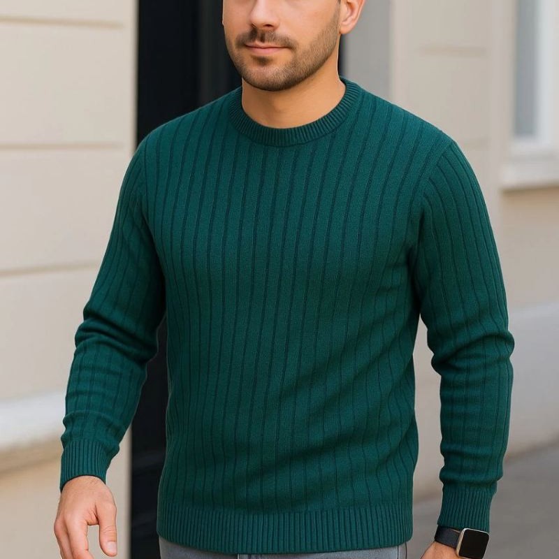 Erkek Bisiklet Yaka Triko Kazak Pamuklu Kalın Fitilli Dokuma Regular Fit - Haki