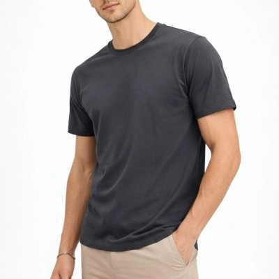 Erkek Bisiklet Yaka Yazlık Kısa kol Düz Tişört Regular Kalıp T-shirt - Füme