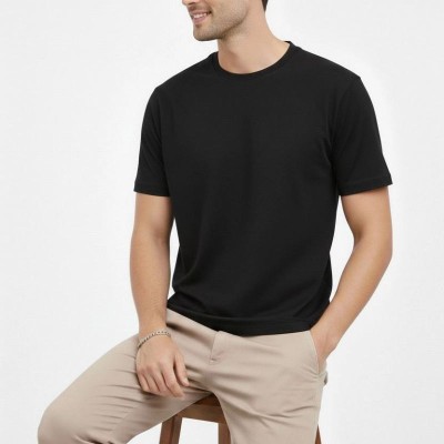 Erkek Bisiklet Yaka Yazlık Kısa kol Düz Tişört Regular Kalıp T-shirt - Siyah