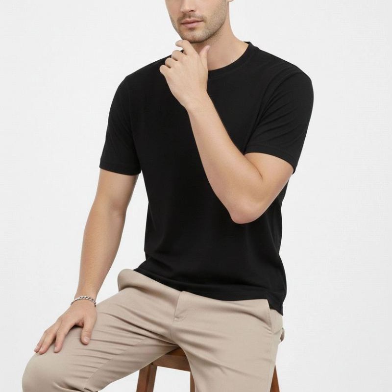 Erkek Bisiklet Yaka Yazlık Kısa kol Düz Tişört Regular Kalıp T-shirt - Siyah