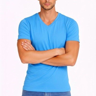 Erkek Body T-shirt V Yaka Slim Fit Likralı Kısa kol Tişört - Açık Mavi