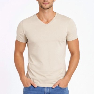 Erkek Body T-shirt V Yaka Slim Fit Likralı Kısa kol Tişört - Taş