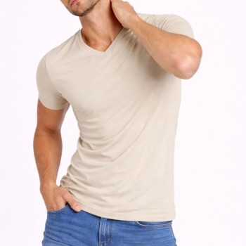 Erkek Body T-shirt V Yaka Slim Fit Likralı Kısa kol Tişört - Taş