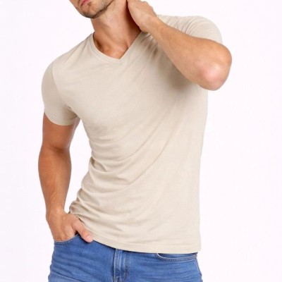 Erkek Body T-shirt V Yaka Slim Fit Likralı Kısa kol Tişört - Taş