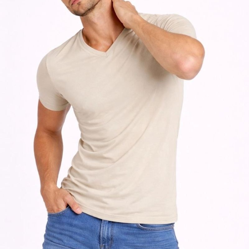 Erkek Body T-shirt V Yaka Slim Fit Likralı Kısa kol Tişört - Taş