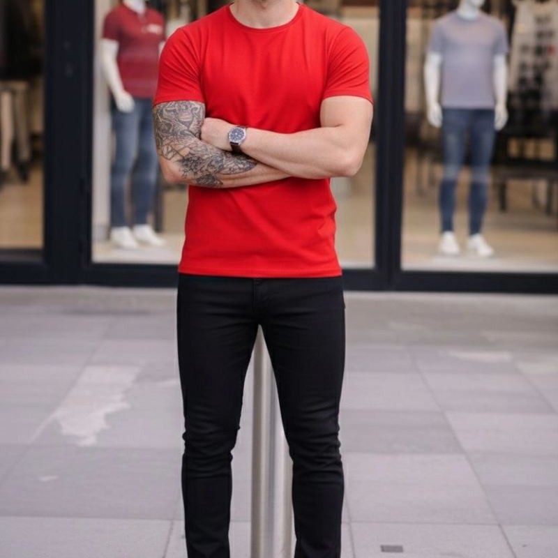 Erkek Body Tişört Bisiklet Yaka Slim Fit Likralı T-Shirt - Kırmızı