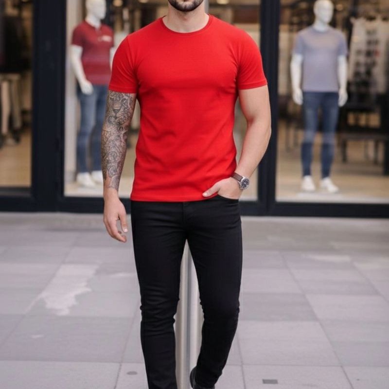 Erkek Body Tişört Bisiklet Yaka Slim Fit Likralı T-Shirt - Kırmızı