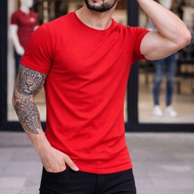 Erkek Body Tişört Bisiklet Yaka Slim Fit Likralı T-Shirt - Kırmızı