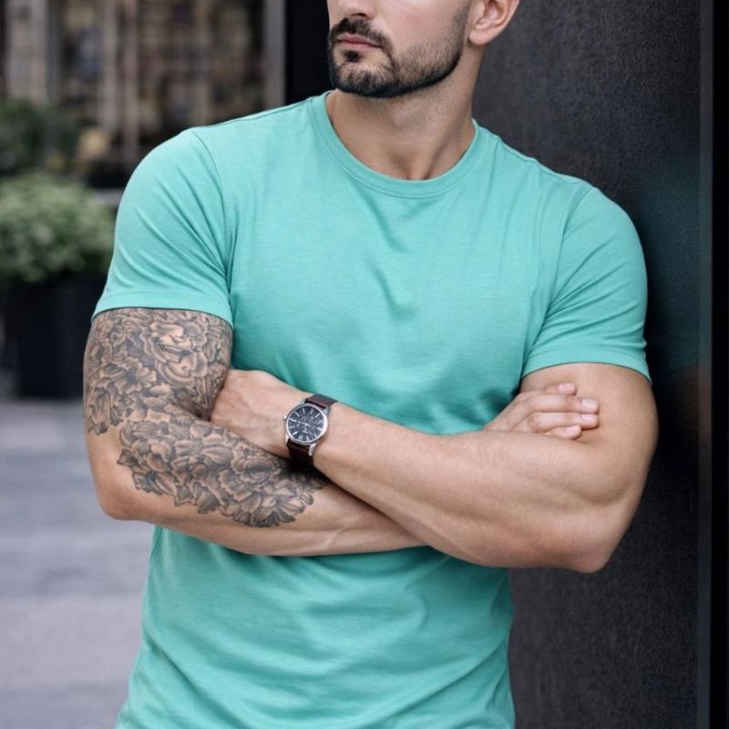 Erkek Body Tişört Bisiklet Yaka Slim Fit Likralı T-Shirt - Turkuvaz
