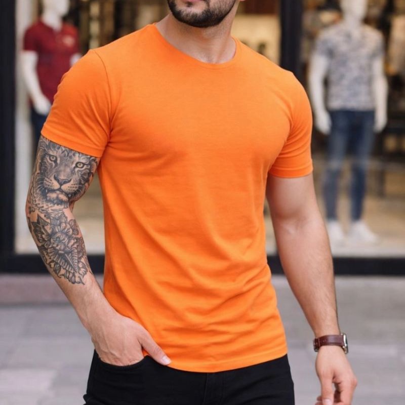 Erkek Body Tişört Bisiklet Yaka Slim Fit Likralı T-Shirt - Turuncu