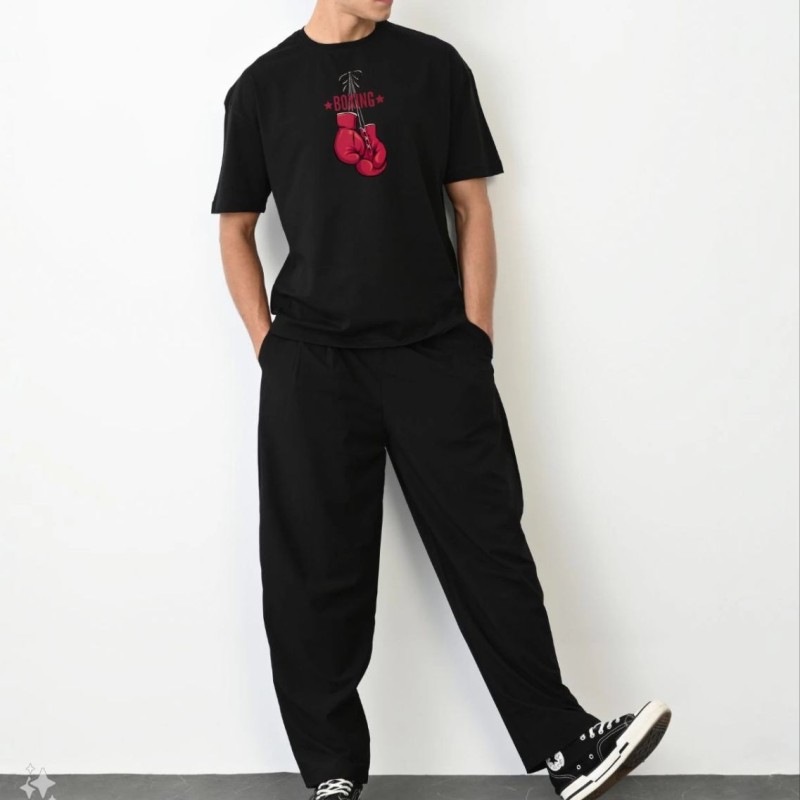 Erkek Boks Eldiven Baskılı T-Shirt Kısa Kol Bisiklet Yaka Regular Tişört - Siyah