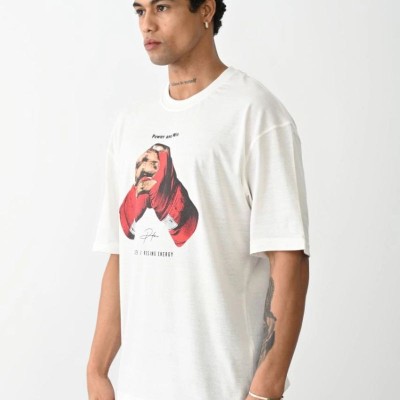 Erkek Box Eldiven Baskılı T-Shirt Kısa Kol Bisiklet Yaka Tişört - Beyaz