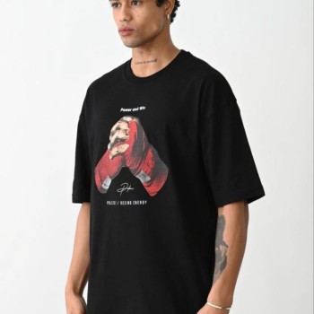 Erkek Boxy Eldiven Baskılı T-Shirt Kısa Kol Bisiklet Yaka Tişört - Siyah