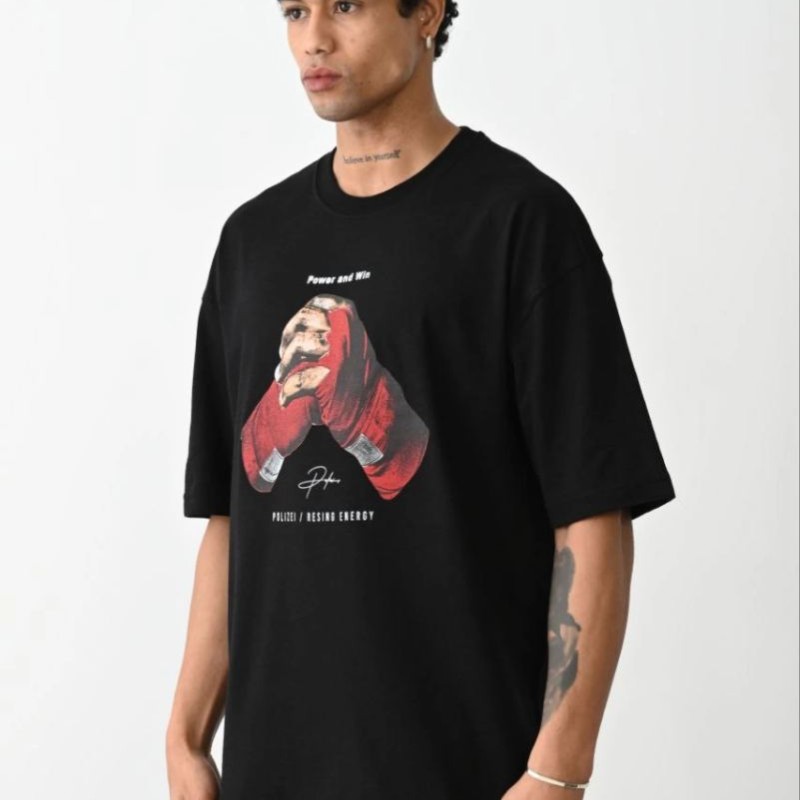 Erkek Boxy Eldiven Baskılı T-Shirt Kısa Kol Bisiklet Yaka Tişört - Siyah
