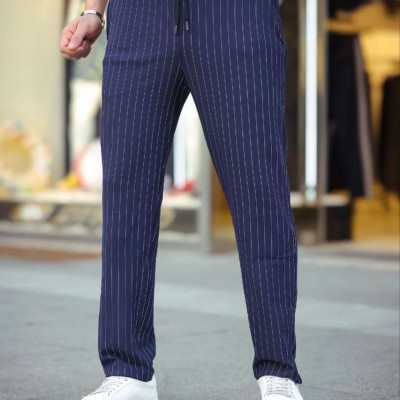 Erkek Cizgili Dokuma Krep Jogger Buggy Pantalon Rahat kalıp - Lacivert