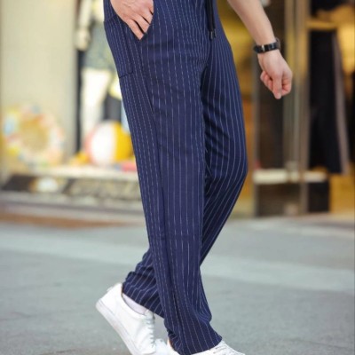 Erkek Cizgili Dokuma Krep Jogger Buggy Pantalon Rahat kalıp - Lacivert