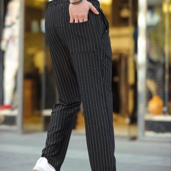 Erkek Cizgili Dokuma Krep Jogger Buggy Pantalon Rahat kalıp - Siyah
