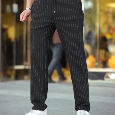 Erkek Cizgili Dokuma Krep Jogger Buggy Pantalon Rahat kalıp - Siyah