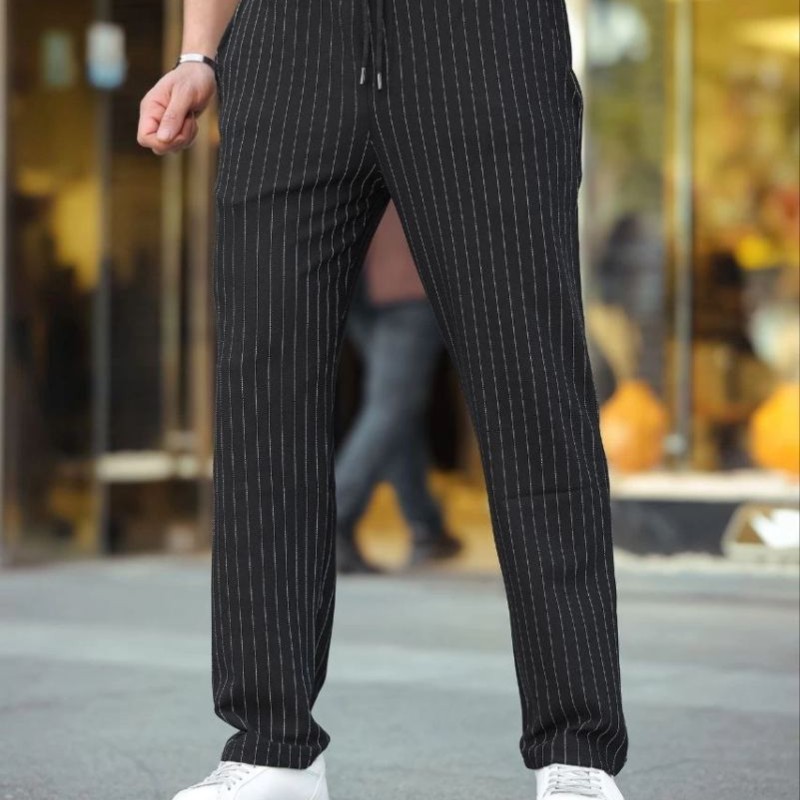 Erkek Cizgili Dokuma Krep Jogger Buggy Pantalon Rahat kalıp - Siyah