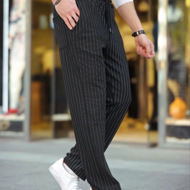 Erkek Cizgili Dokuma Krep Jogger Buggy Pantalon Rahat kalıp - Siyah