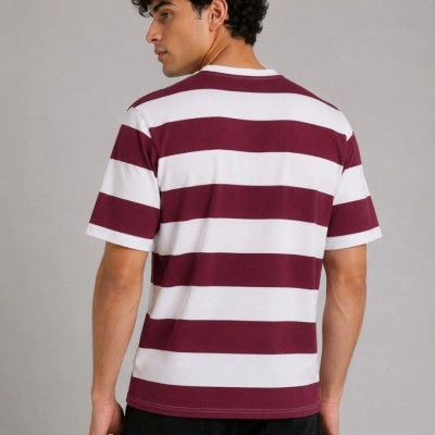 Erkek Çizgili Oversize Tişört Bisiklet Yaka Kısa Kol Yazlık T-Shirt - Bordo