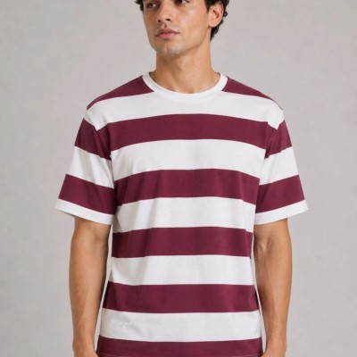 Erkek Çizgili Oversize Tişört Bisiklet Yaka Kısa Kol Yazlık T-Shirt - Bordo