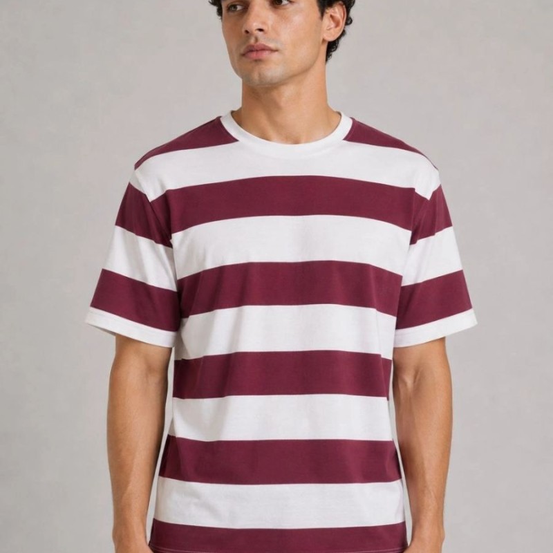 Erkek Çizgili Oversize Tişört Bisiklet Yaka Kısa Kol Yazlık T-Shirt - Bordo