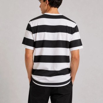 Erkek Çizgili Oversize Tişört Bisiklet Yaka Kısa Kol Yazlık T-Shirt - Siyah