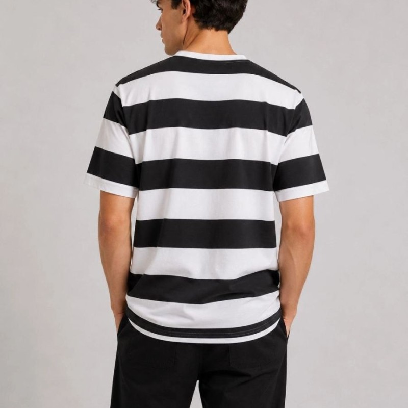 Erkek Çizgili Oversize Tişört Bisiklet Yaka Kısa Kol Yazlık T-Shirt - Siyah