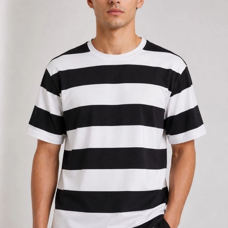 Erkek Çizgili Oversize Tişört Bisiklet Yaka Kısa Kol Yazlık T-Shirt - Siyah