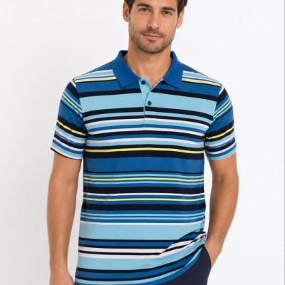 Erkek Çizgili Polo Yaka Tişört Kısa Kol Yazlık T-Shirt Regular Fit - Mavi