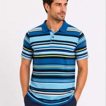 Erkek Çizgili Polo Yaka Tişört Kısa Kol Yazlık T-Shirt Regular Fit - Mavi