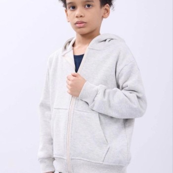 Erkek Çocuk Kapüşonlu Kanguru Cepli Tam Fermuarlı Hırka SweatShirt - Gri