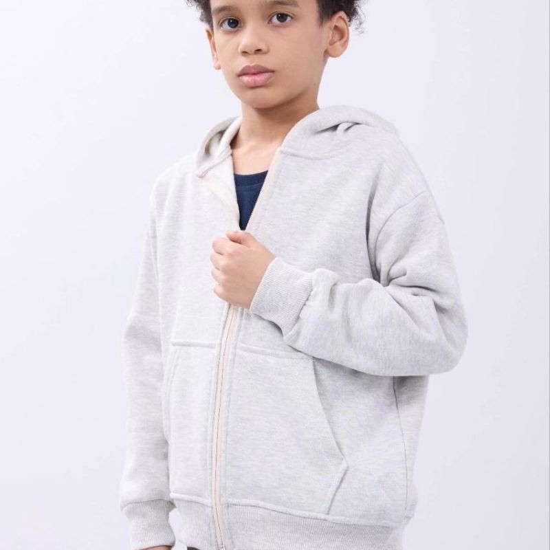 Erkek Çocuk Kapüşonlu Kanguru Cepli Tam Fermuarlı Hırka SweatShirt - Gri