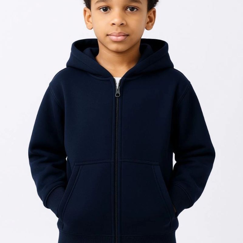 Erkek Çocuk Kapüşonlu Kanguru Cepli Tam Fermuarlı Hırka SweatShirt - Lacivert