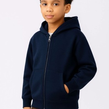 Erkek Çocuk Kapüşonlu Kanguru Cepli Tam Fermuarlı Hırka SweatShirt - Lacivert