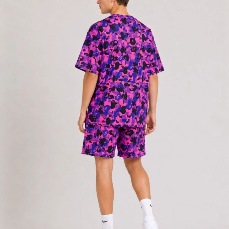 Erkek Çocuk Oversize Kalıp Pubg Bape X Shark Nakışlı Cepli Şort Takım - Mor