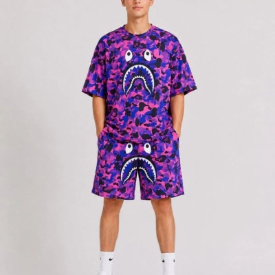 Erkek Çocuk Oversize Kalıp Pubg Bape X Shark Nakışlı Cepli Şort Takım - Mor