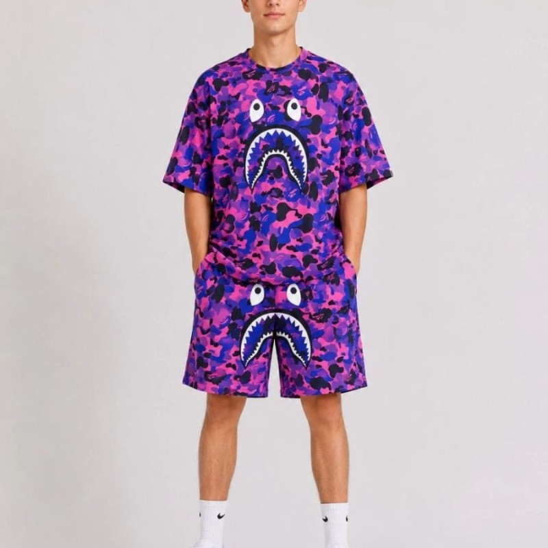 Erkek Çocuk Oversize Kalıp Pubg Bape X Shark Nakışlı Cepli Şort Takım - Mor