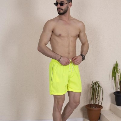 Erkek Deniz Şortu Fermuarlı Cepli File Astarlı - Neon Yeşili
