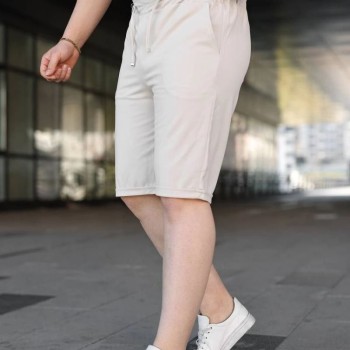 Erkek Diagonel Kumaş Duble Paça Cepli Bağcıklı Bel Lastikli ŞORT - Krem