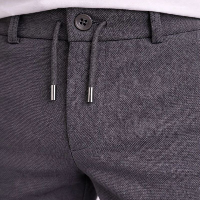 Erkek Diagonel Mikro dokulu Duble Paça Cepli Pantolon, Modern Kesim - Füme
