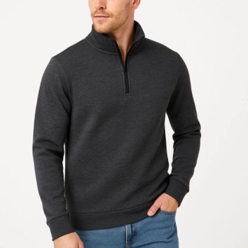 Erkek Dik Yaka Yarım Fermuarlı 3 İplik Pamuklu Sweatshirt -  Antrasit