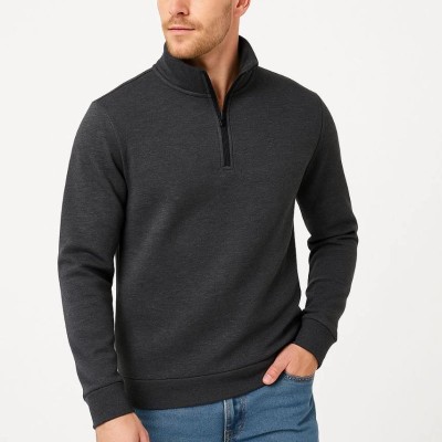 Erkek Dik Yaka Yarım Fermuarlı 3 İplik Pamuklu Sweatshirt -  Antrasit
