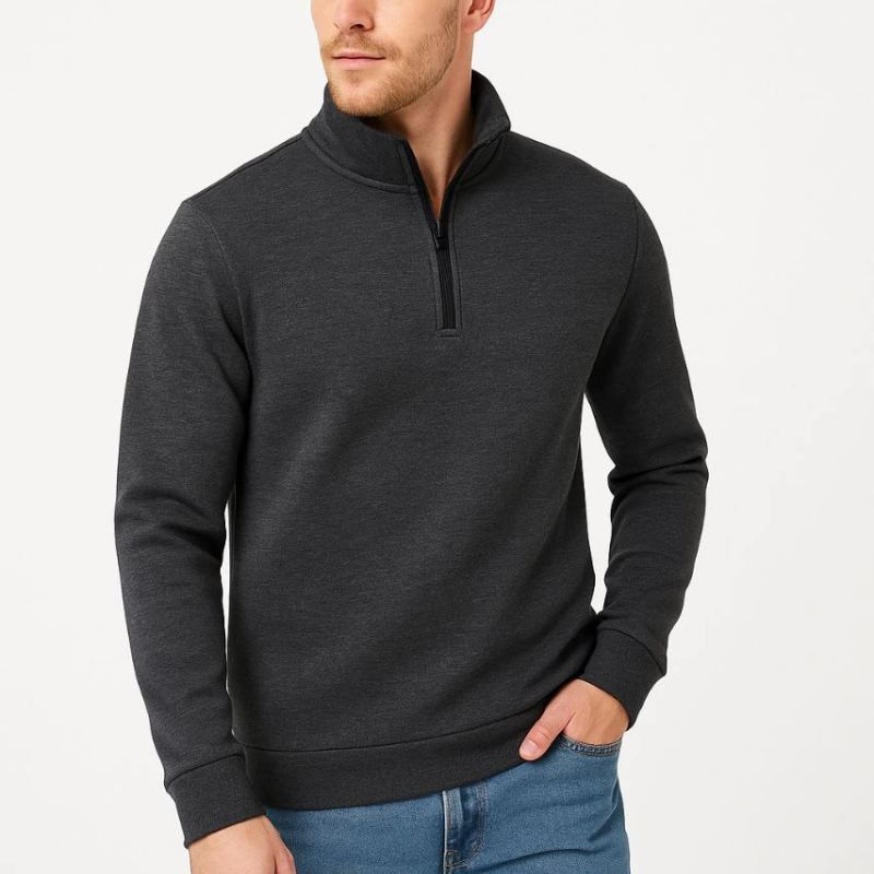 Erkek Dik Yaka Yarım Fermuarlı 3 İplik Pamuklu Sweatshirt -  Antrasit